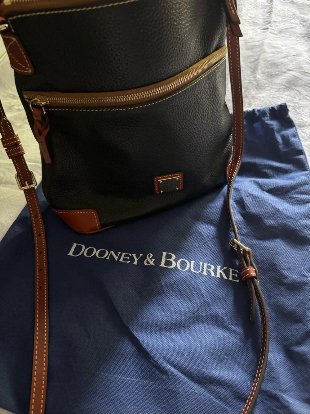 Dooney & Bourke Black Pebbled Leather Crossbody with Brown Trim & Gold Hardware